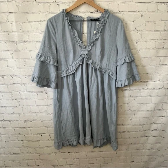 Simplee Elegant Solid Ruffle Short Sleeve Dress Blue Size Small NWT - Picture 8 of 16